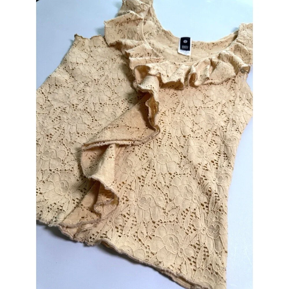 Vintage Y2K Identity Eyelet Lace Ruffle Front Tank Sz L Sleeveless Stretch 90s